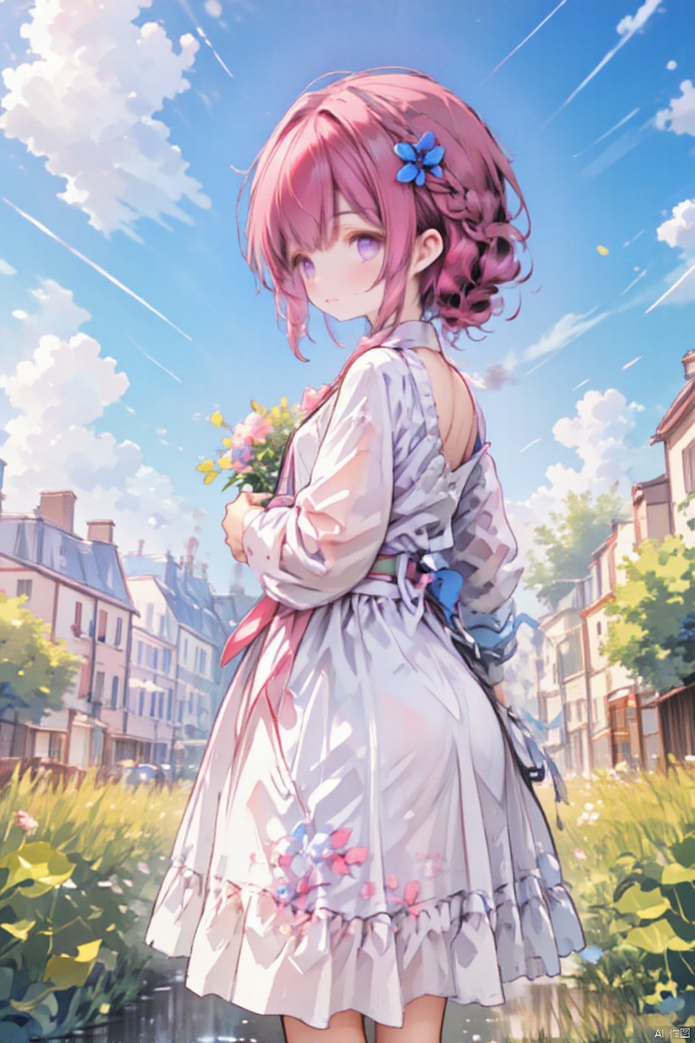 upper body,Create an image of an anime girl with bright red hair,wearing a sundress and holding a bouquet of wildflowers,standing in a field of tall grass with a soft breeze blowing through. The scene should capture the whimsical and carefree style of Sakimichan,with a sense of peace and tranquility in the air.
