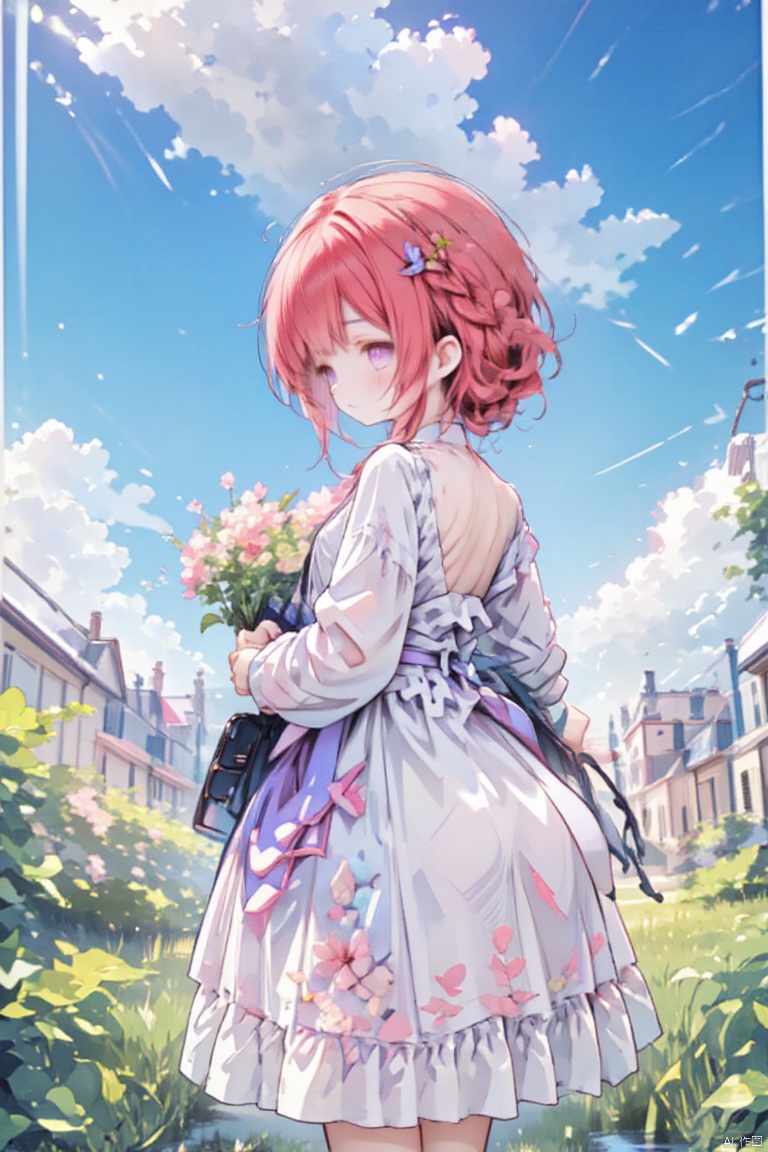 upper body,Create an image of an anime girl with bright red hair,wearing a sundress and holding a bouquet of wildflowers,standing in a field of tall grass with a soft breeze blowing through. The scene should capture the whimsical and carefree style of Sakimichan,with a sense of peace and tranquility in the air.