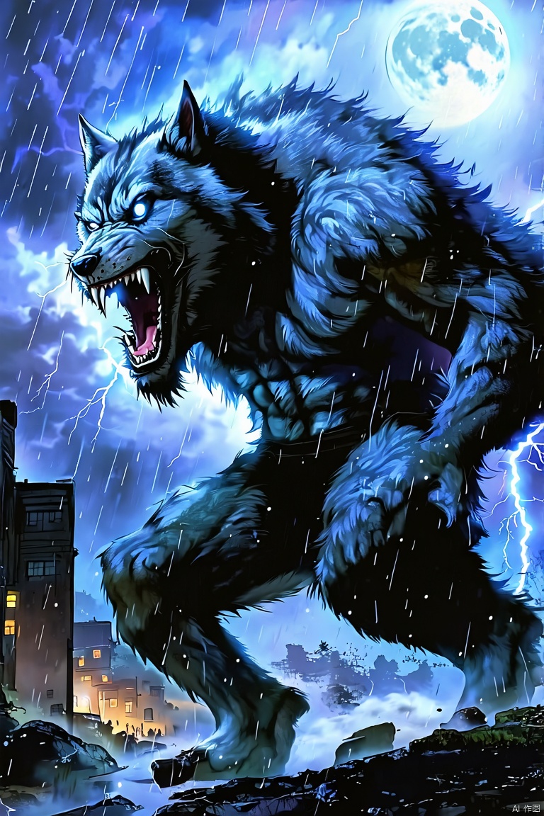solo, open mouth, 1boy, male focus, outdoors, sky, teeth, cloud, no humans, night, glowing, fangs, moon, cloudy sky, building, glowing eyes, furry, rain, furry male, lightning, werewolf