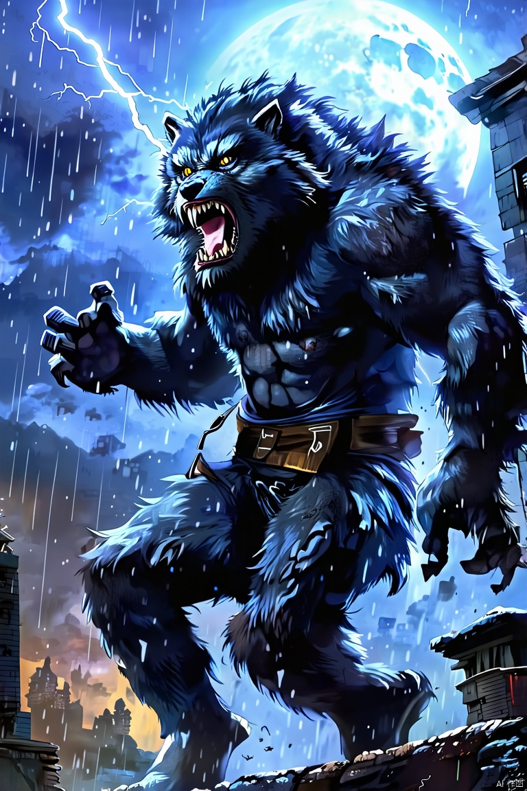 solo, open mouth, 1boy, male focus, outdoors, sky, teeth, cloud, no humans, night, glowing, fangs, moon, cloudy sky, building, glowing eyes, furry, rain, furry male, lightning, werewolf