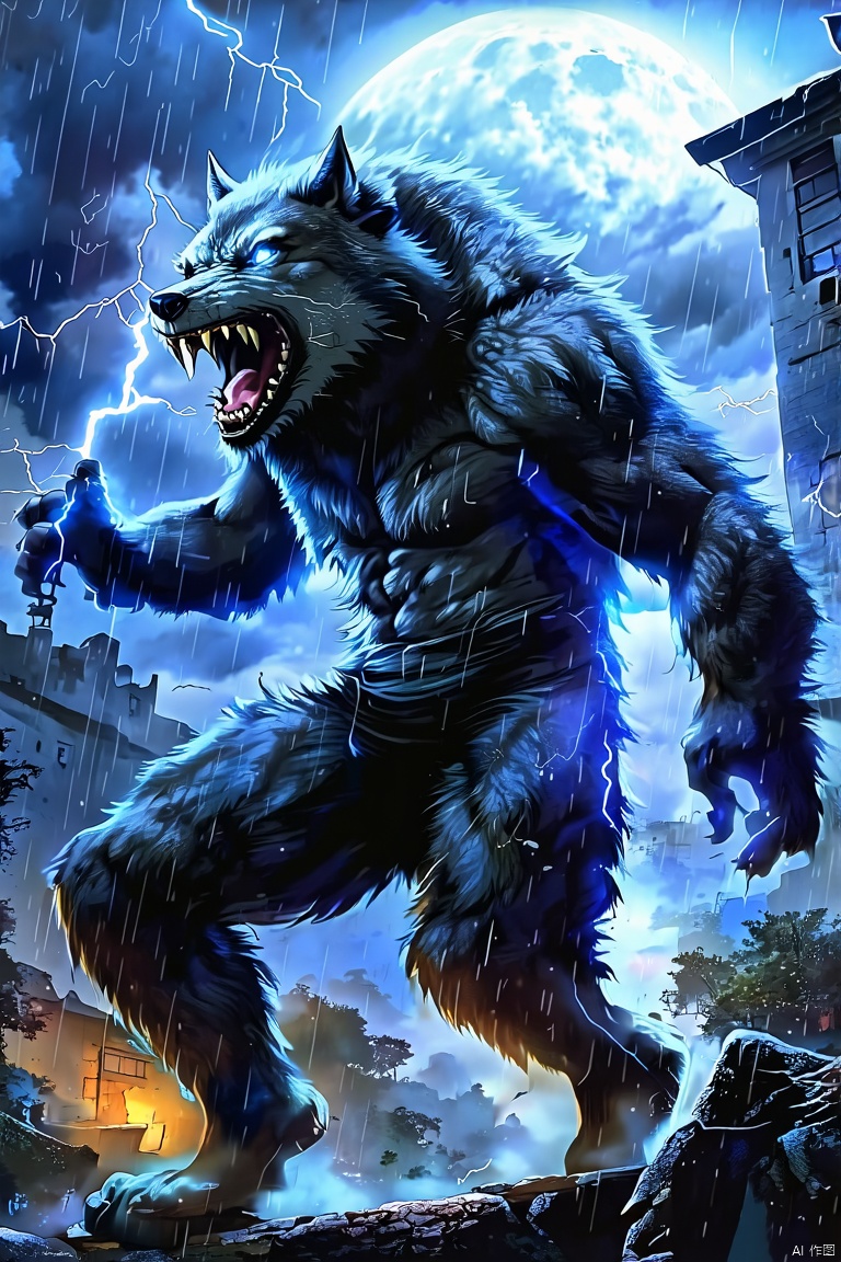 solo, open mouth, 1boy, male focus, outdoors, sky, teeth, cloud, no humans, night, glowing, fangs, moon, cloudy sky, building, glowing eyes, furry, rain, furry male, lightning, werewolf