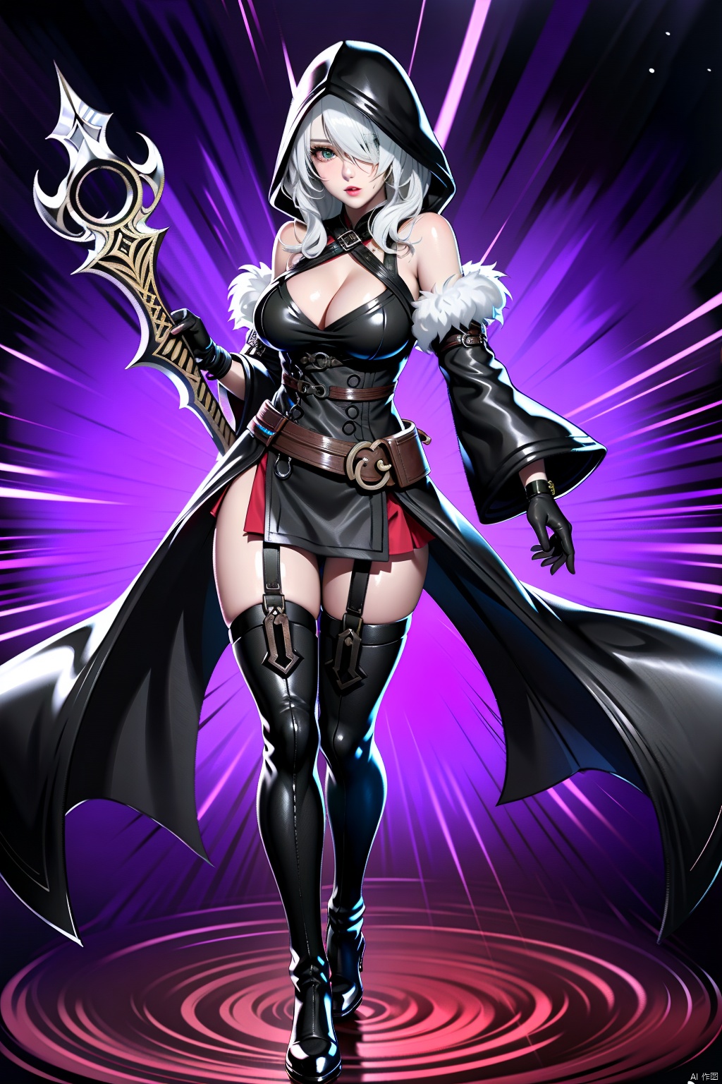 1girl solo breasts looking at viewer short hair large breasts thighhighs gloves dress holding cleavage bare shoulders weapon white hair boots parted lips detached sleeves green hair black gloves sword hood wide sleeves holding weapon hair over one eye black dress fur trim mask thigh boots holding sword hood up red thighhighs