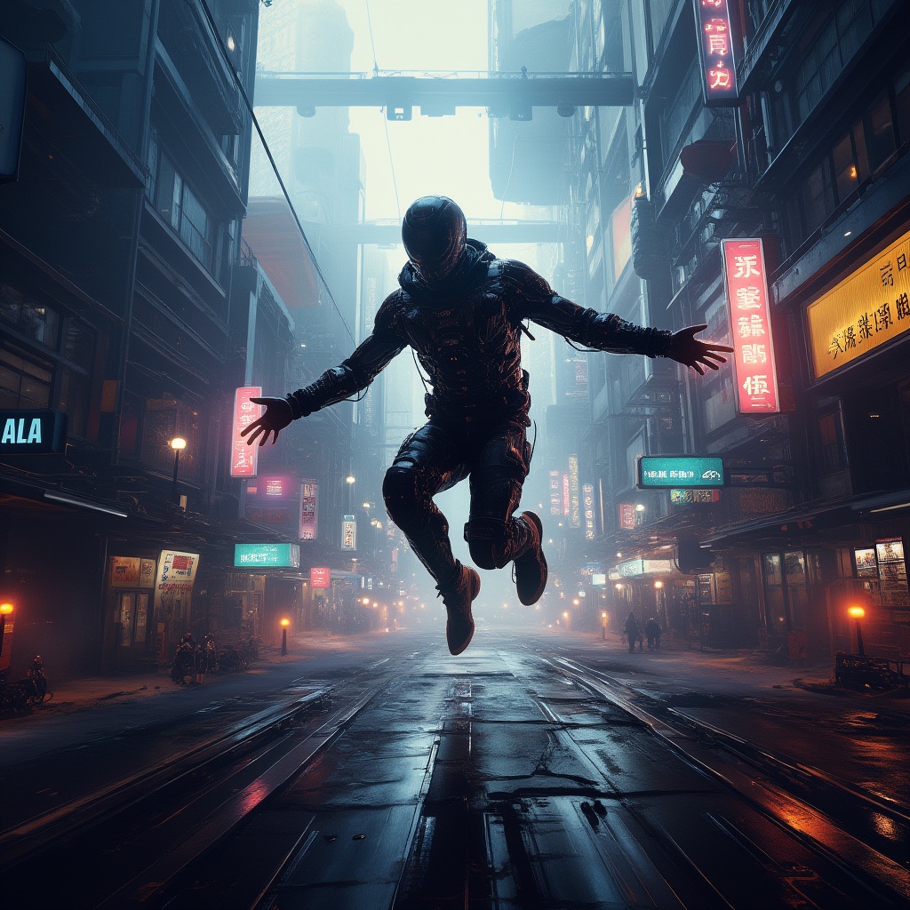 A cinematic masterpiece unfolds as our protagonist,  a cybernetically-enhanced individual,  leaps through the neon-drenche...