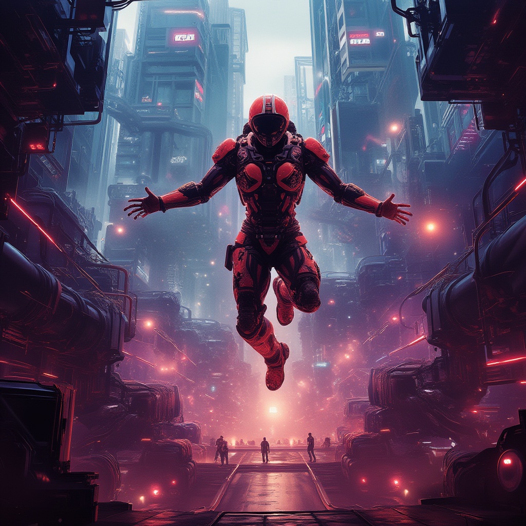 A cinematic masterpiece unfolds as our protagonist,  a cybernetically-enhanced individual,  leaps through the neon-drenche...