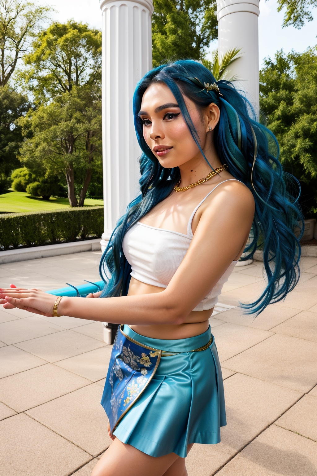 Captured from a low-angle perspective,  a vibrant blue-haired woman,  dressed in a traditional Asian costume on Tensor.Art