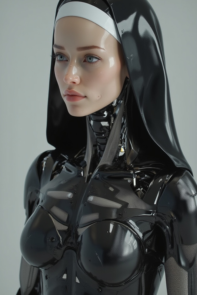 beautiful 20 years old korean robot women wearing latex nun uniform,  gynoid on Tensor.Art