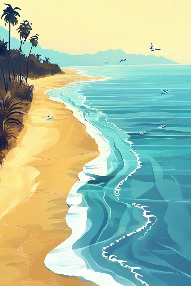 A serene blue beach scene: a tranquil ocean stretches out to meet the sky,  with gentle waves lapping at the shore. Palm t...