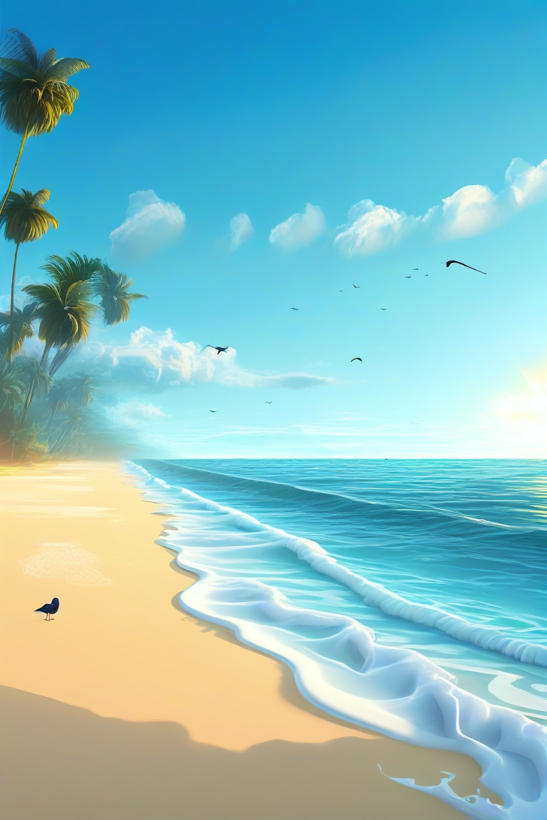 Soft focus captures a serene blue beach scene: tranquil ocean stretches to meet the sky,  gentle waves lapping at the shor...