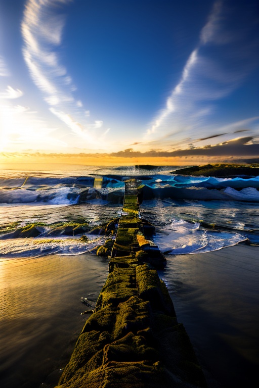 A serene pier,  against a backdrop of endless tranquil waves,  under the watchful eye of a romantic sunset. Capture minima...