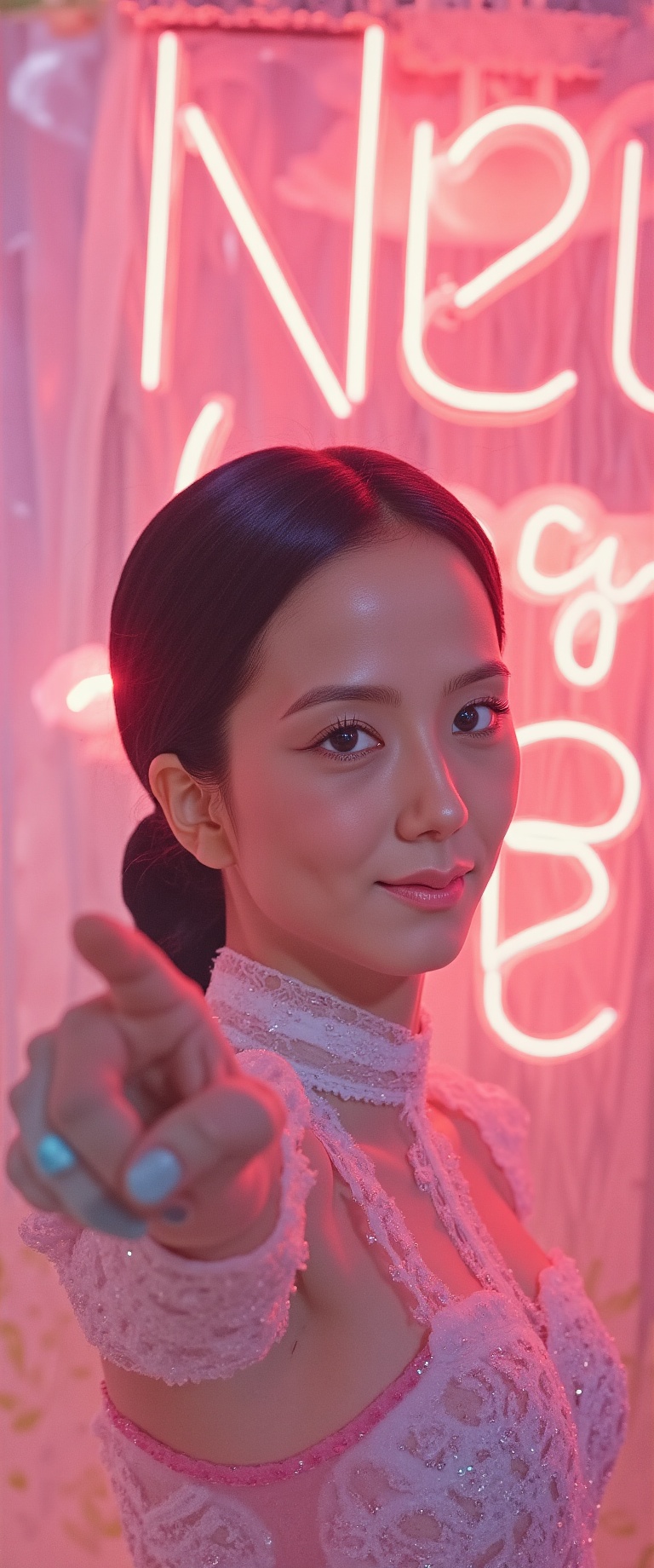 A very beautiful woman is pointing at the viewer and smiling,  pointing at a large neon sign that says "New Lora Test". Th...