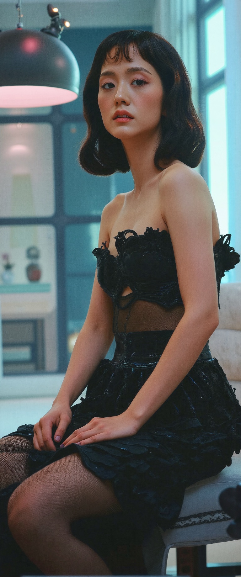 Photograph of a beautiful Asian model leaning on a chaise lounge in a futuristic cyberpunk apartment wearing an avant-gard...