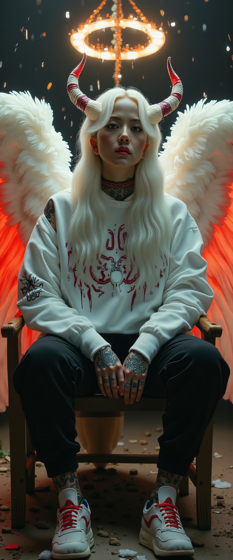 photorealistic,  dark,  cinematic scene centered on a woman angel with waist-length on Tensor.Art