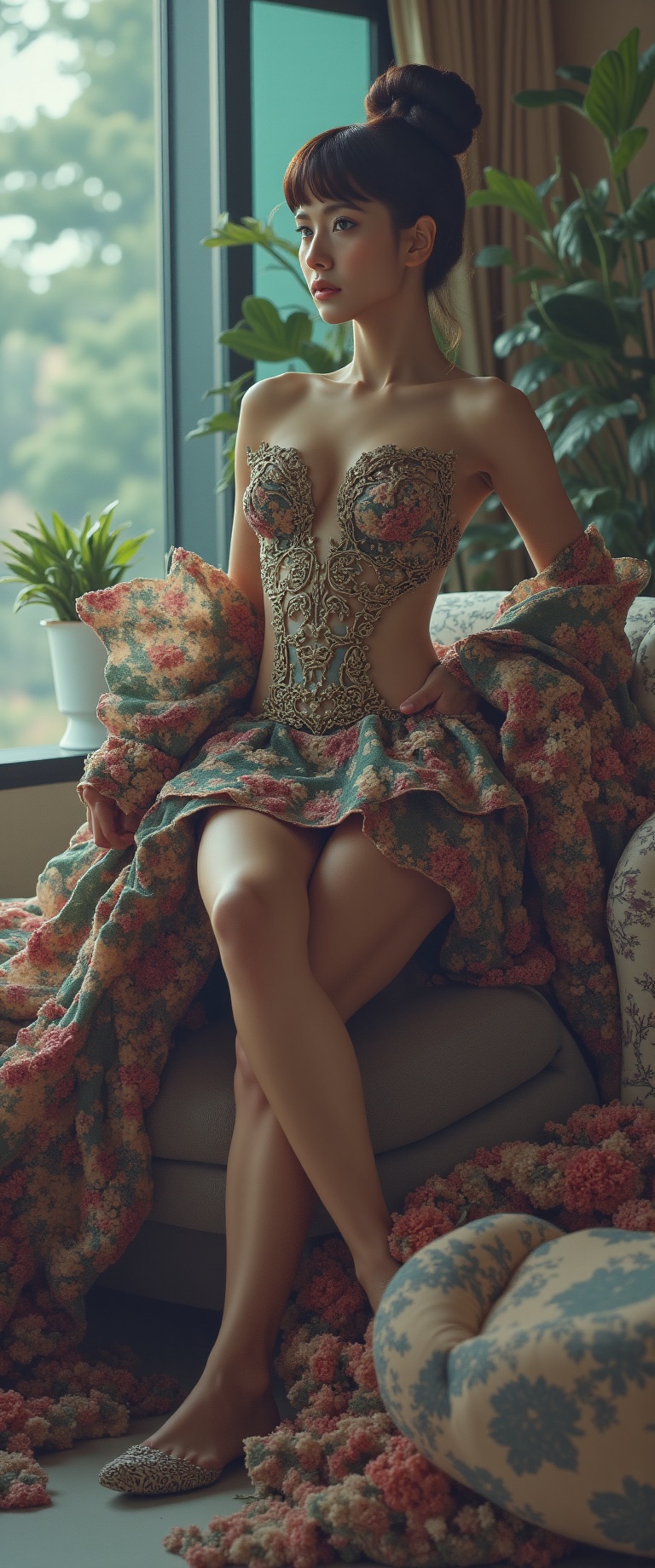 Photograph of a beautiful Asian model leaning on a chaise lounge in a futuristic cyberpunk apartment wearing an avant-gard...