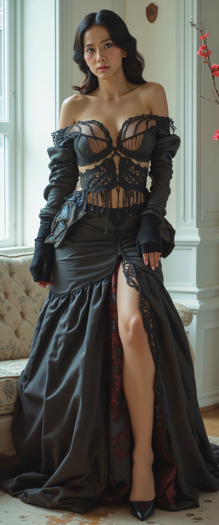 Photograph of a beautiful Asian model leaning on a chaise lounge in a futuristic cyberpunk apartment wearing an avant-gard...