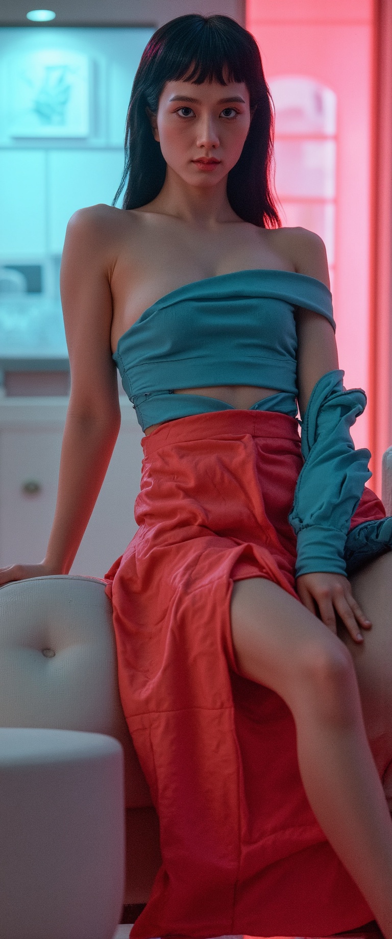 Photograph of a beautiful Asian model leaning on a chaise lounge in a futuristic cyberpunk apartment wearing an avant-gard...