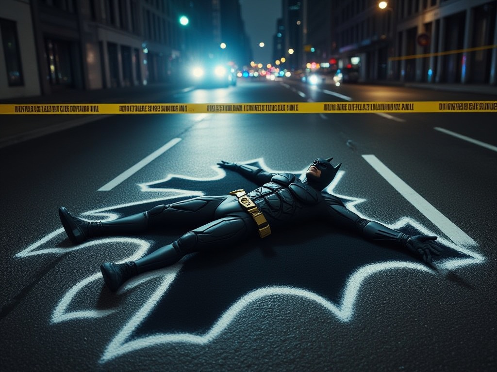 Batman lying dead in the middle of the road at night,  a chalk outline around it's body as if it was a crime scene,  wet r...