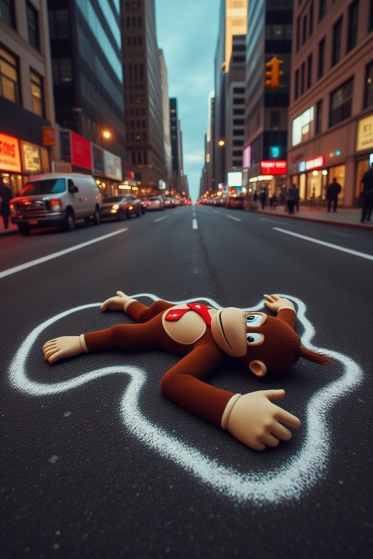 Donkey Kong lying on his back on the asphalt on a busy city street at dusk. Surrounding the body is a thick white chalk ou...