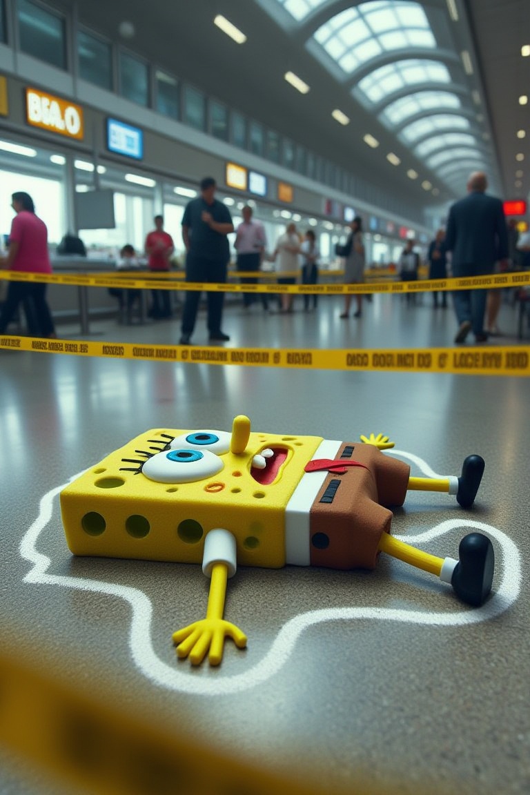 A highly detailed CGI rendered image of Spongebob squarepants,  laying dead in a busy airport terminal. Yellow police tape...