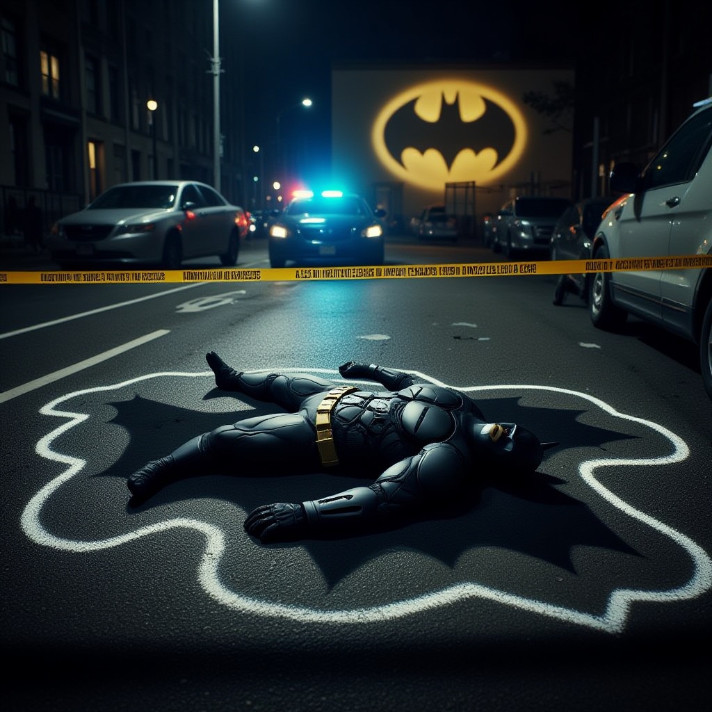 Batman lying dead in the middle of the road at night,  a chalk outline around it's body as if it was a crime scene,  wet r...