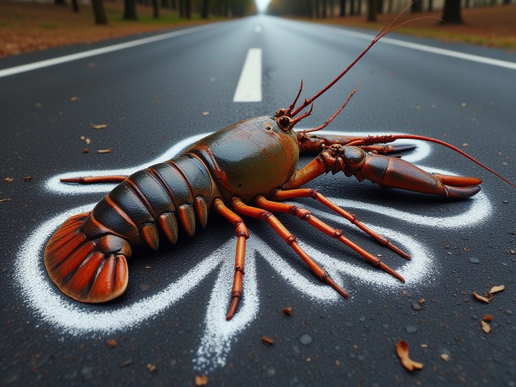 A lobster lying dead in the middle of the road,  a chalk outline around it's body as if it was a crime scene on Tensor.Art