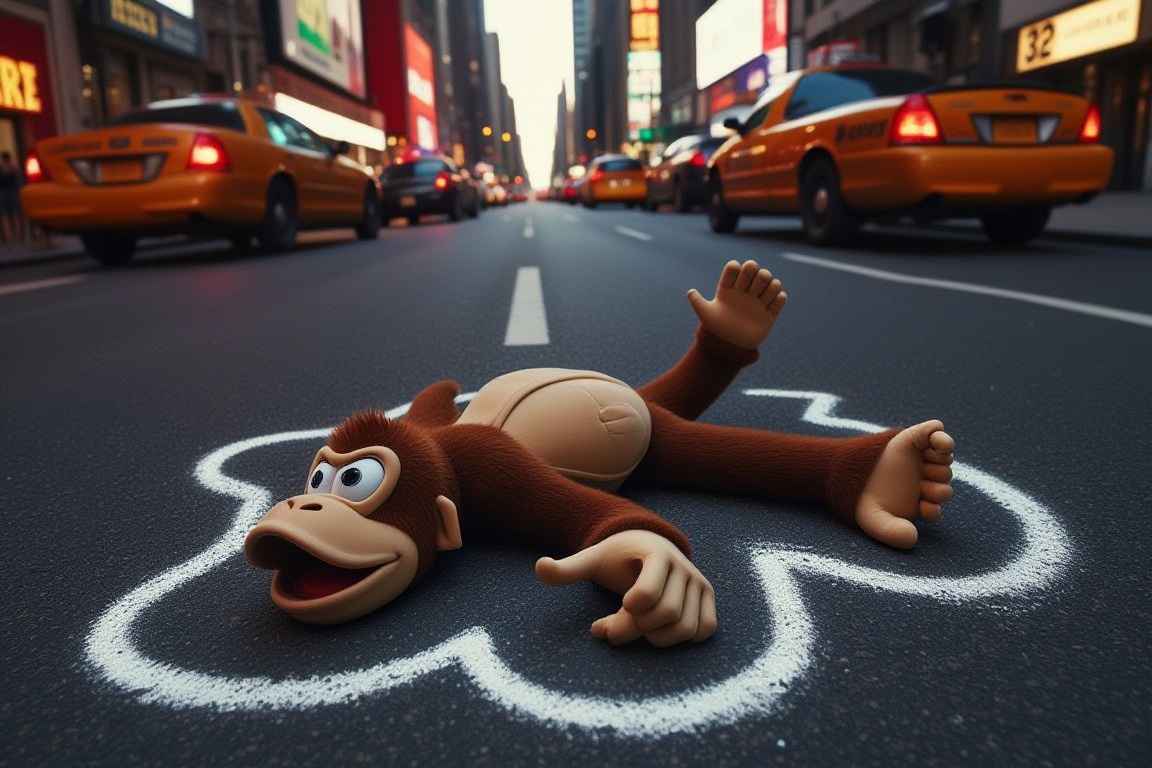 Donkey Kong lying on his back on the asphalt on a busy city street at dusk. Surrounding the body is a thick white chalk ou...