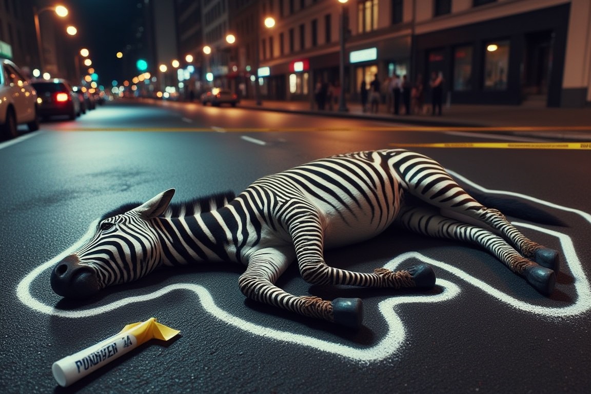 A highly detailed realistic image of a zebra lying dead on the asphalt on a busy city street at night. The body is surroun...