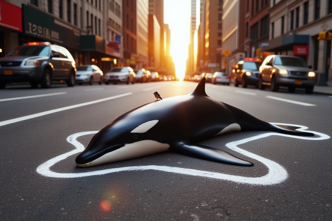 A killer whale lying dead on the asphalt on a busy city street at sunrise. A thick white chalk outline surrounds the body,...