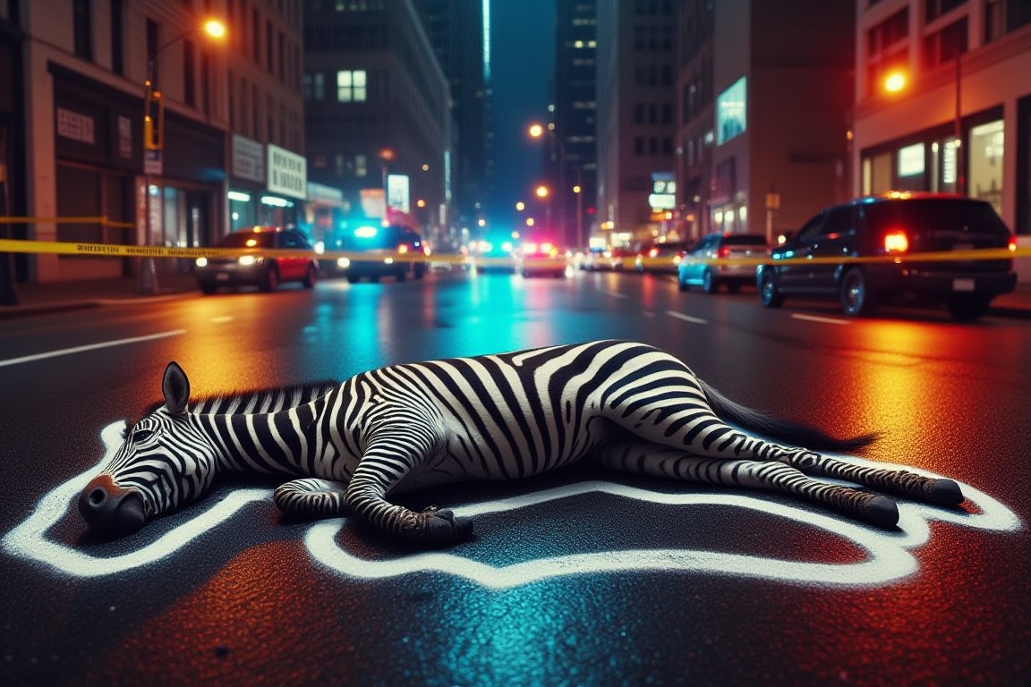 A Zebra lying dead on the asphalt on a busy city street at night. The body is surrounded with a white chalk outline depict...
