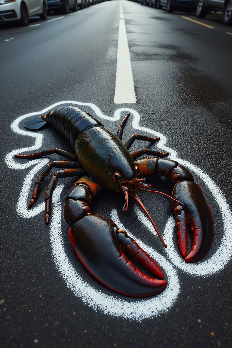 A lobster lying dead in the middle of the road,  a chalk outline around it's body as if it was a crime scene on Tensor.Art