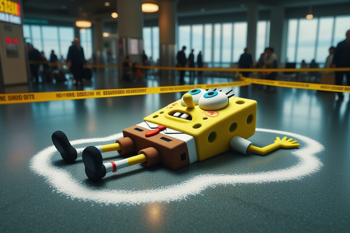 A highly detailed CGI rendered image of Spongebob squarepants,  laying dead in a busy airport terminal. Yellow police tape...