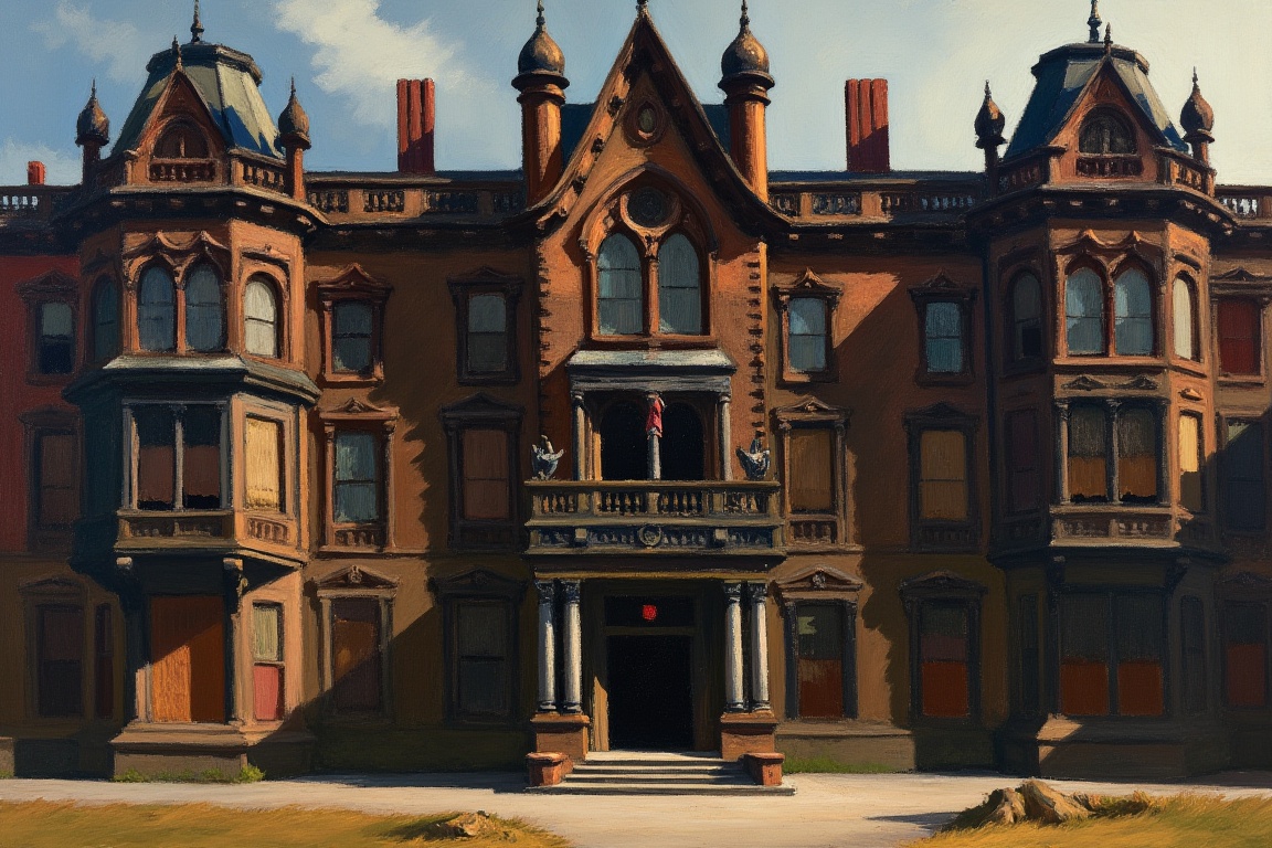 An EdwardH0pp3r style oil painting depicting the facade of a grim mental hospital,  intricate gothic architecture featurin...