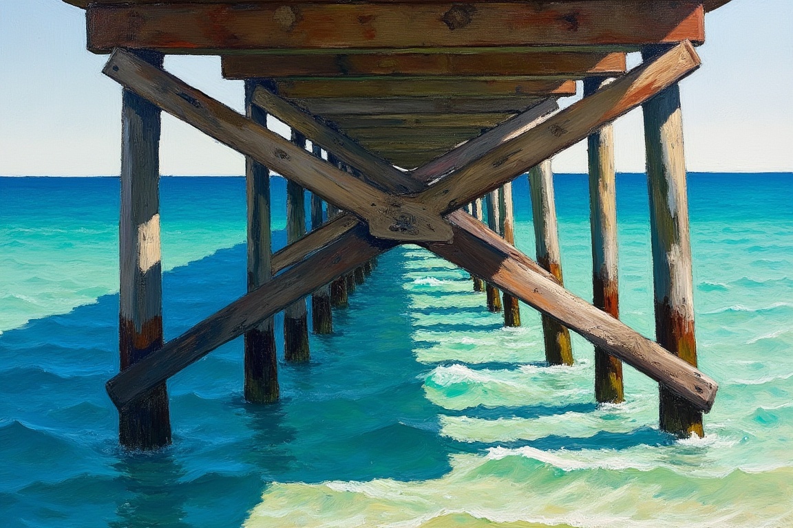 An EdwardH0pp3r style oil painting of a dilapidated old wooden pier. Viewed from the side looking at the intricate system...