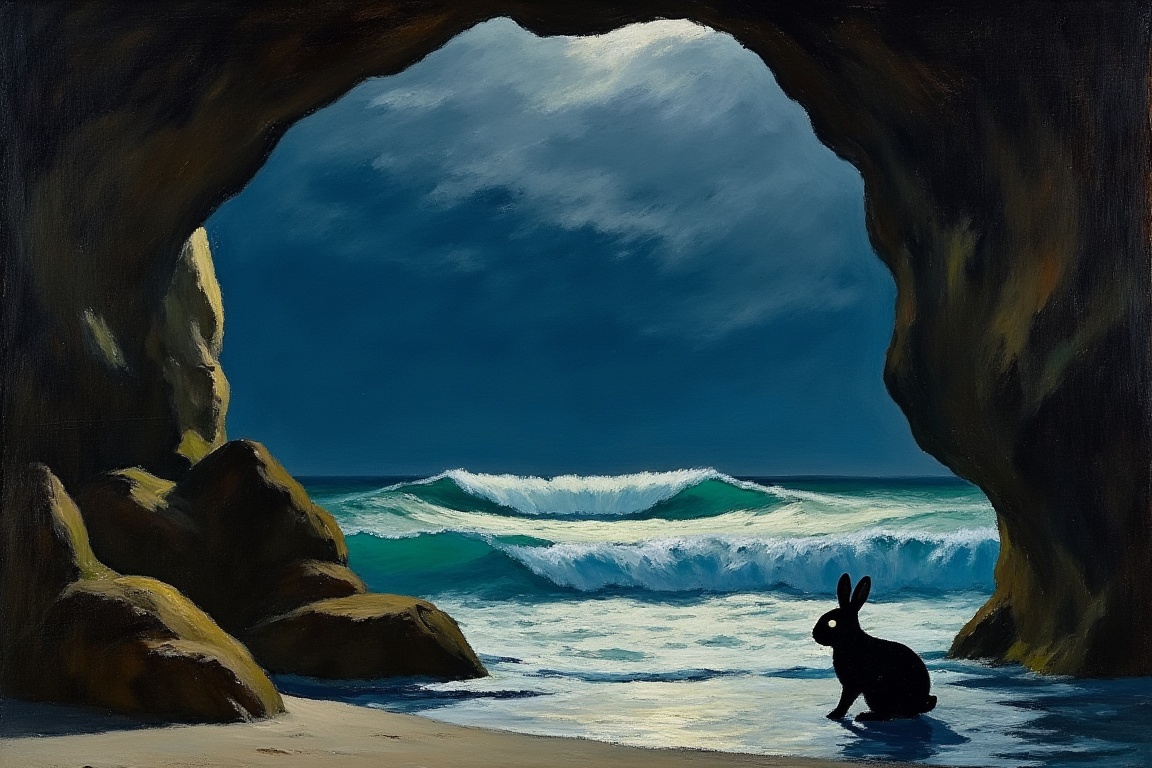 An EdwardH0pp3r style oil on canvas depicting a silhouetted figure of a terrified little rabbit trapped in a coastal cave...