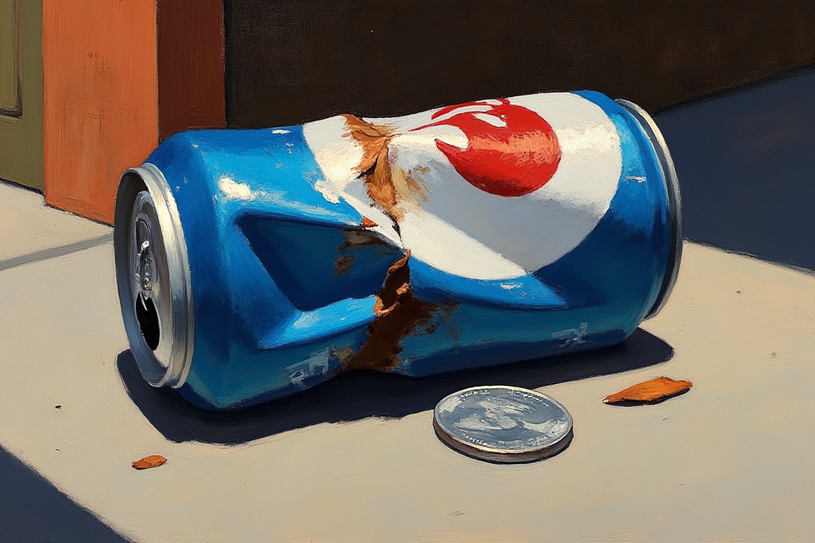 An EdwardH0pp3r style oil on canvas depicting a very crumpled old soda can lies in the gutter of a ghetto street,  eaten a...