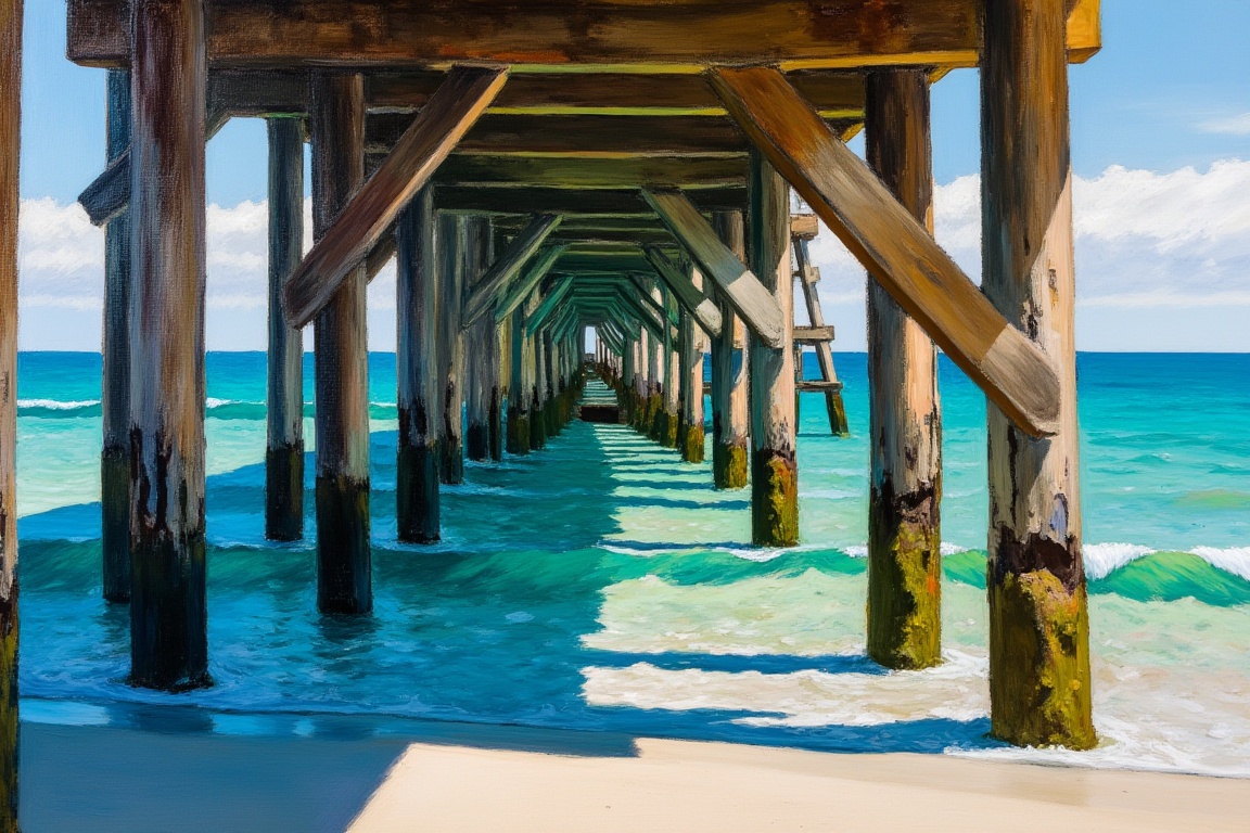 An EdwardH0pp3r style oil painting of a dilapidated old wooden pier. Viewed from the side looking at the intricate system...