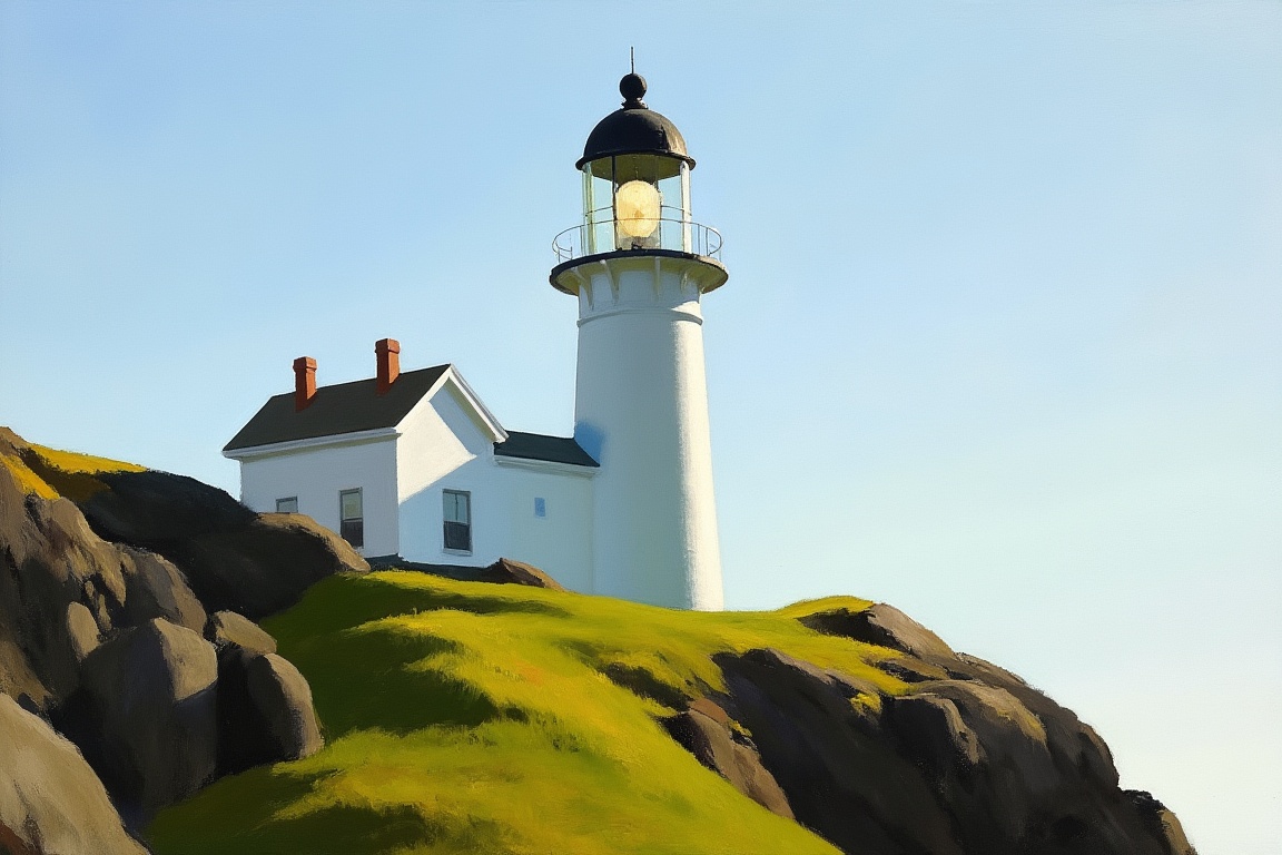 An EdwardH0pp3r style oil painting of an isolated white lighthouse on a steep hillside. A small geometrically irregular ho...