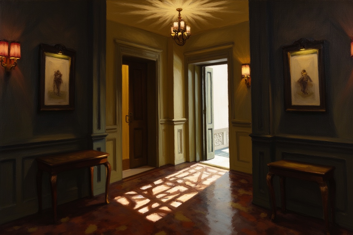 An EdwardH0pp3r style oil painting of the view looking down a dimly lit hotel hallway,  muted colour decoration. On the ri...