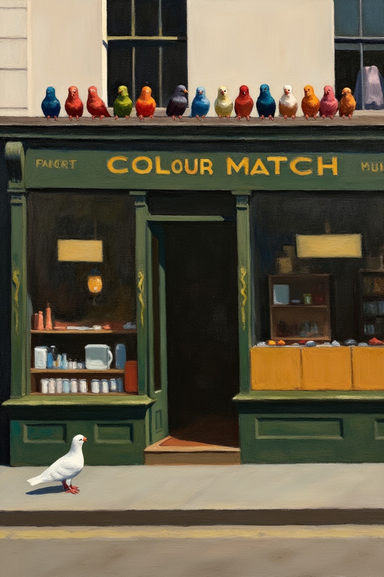 An EdwardH0pp3r style oil on canvas depicting a row of colorful birds perched on a guttering above a paint supply shop cal...