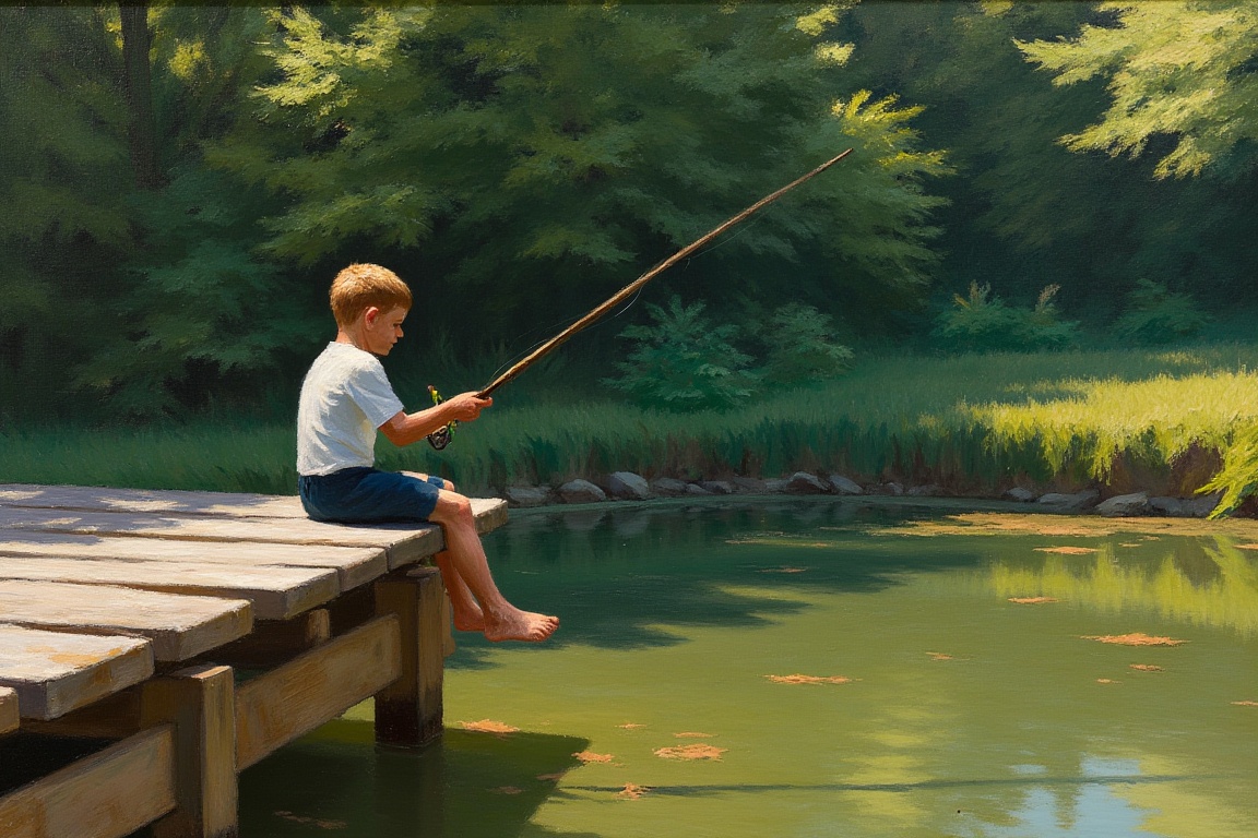 An EdwardH0pp3r style oil on canvas of a young boy sitting on the end of a weathered old wooden jetty that reaches out int...