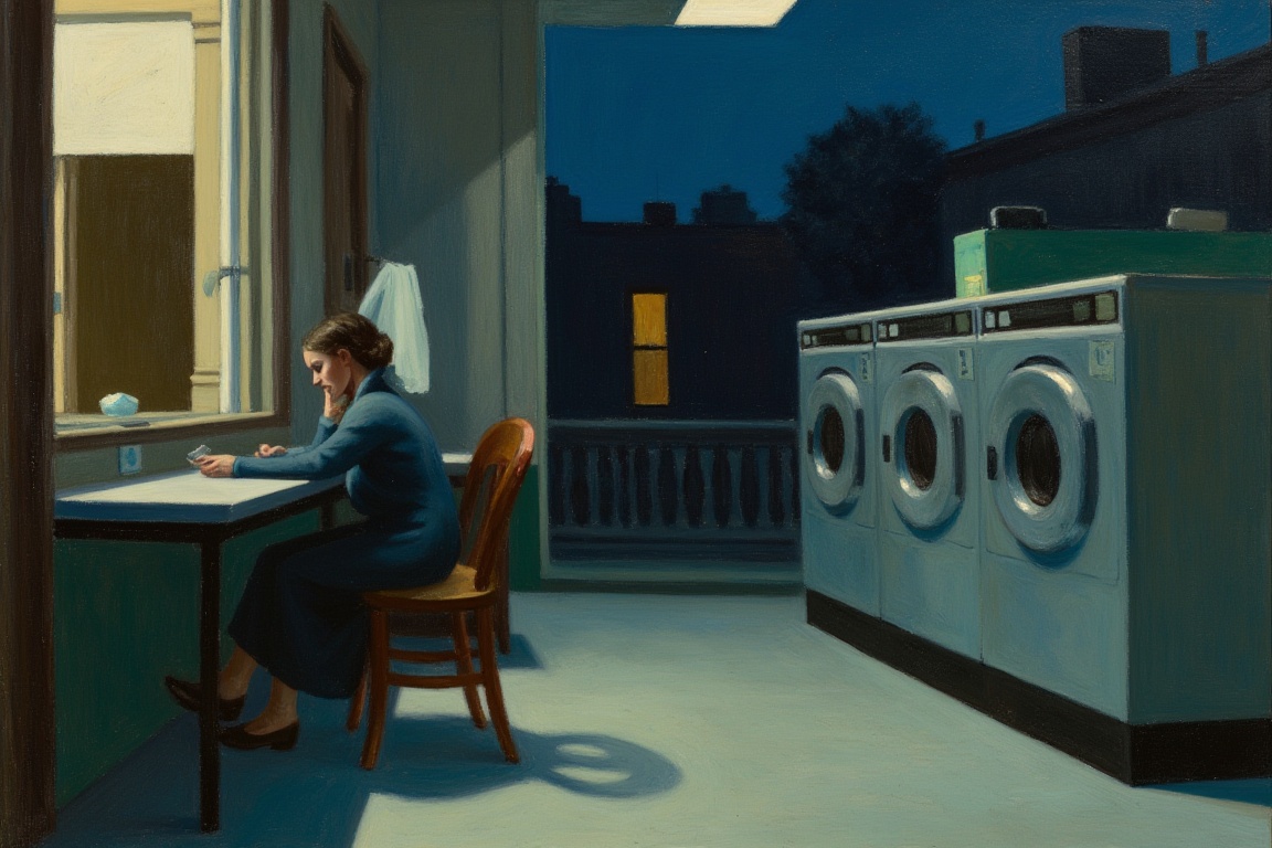 An EdwardH0pp3r style oil painting of a lone woman sitting in a laundromat at night. on Tensor.Art