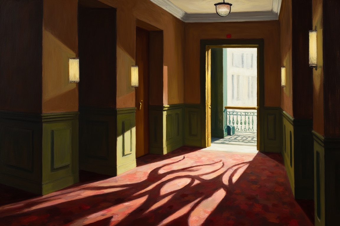 An EdwardH0pp3r style oil painting of the view looking down a dimly lit hotel hallway,  muted colour decoration. On the ri...