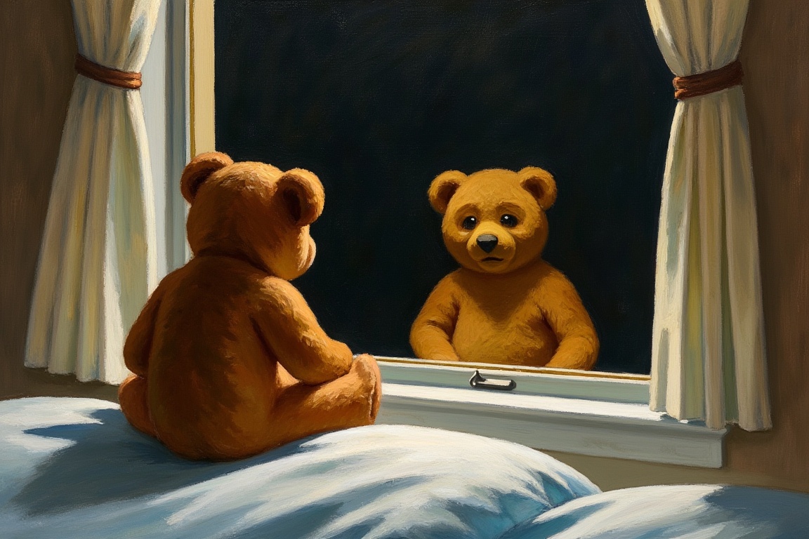 An EdwardH0pp3r style oil painting depicting a little teddy bear on a bed facing a large window,  it is dark outside,  the...