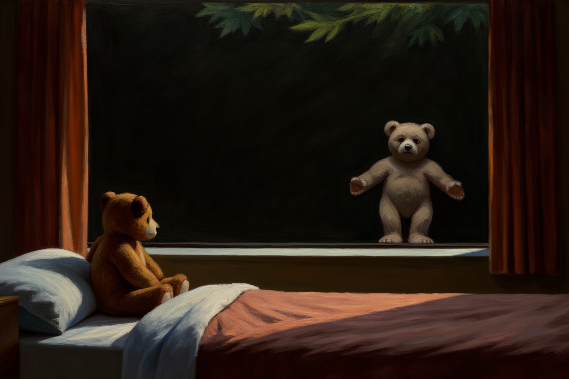 An EdwardH0pp3r style oil painting depicting a little teddy bear on a bed facing a large window,  it is dark outside,  the...