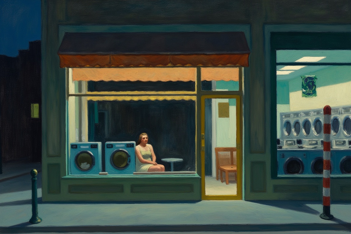An EdwardH0pp3r style oil painting of a lone woman sitting in a laundromat at night. on Tensor.Art