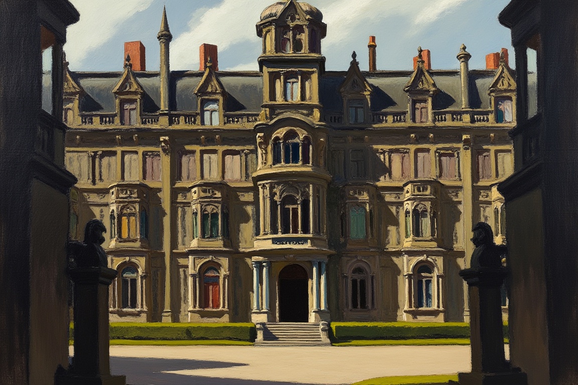 An EdwardH0pp3r style oil painting depicting the facade of a grim mental hospital,  intricate gothic architecture featurin...