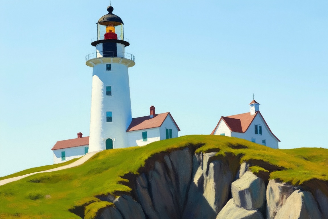 An EdwardH0pp3r style oil painting of an isolated white lighthouse on a steep hillside. A small geometrically irregular ho...