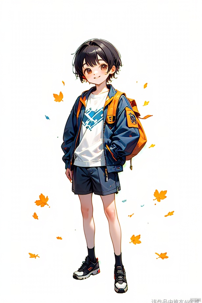 1boy, solo, looking at viewer, smile, short hair, bangs, shirt, black hair, long sleeves, brown eyes, standing, jacket, full body, white shirt, shoes, shorts, socks, bag, black footwear, leaf, watermark, black shorts, backpack, blue jacket, black socks, sneakers, hand in pocket, autumn leaves, ginkgo leaf