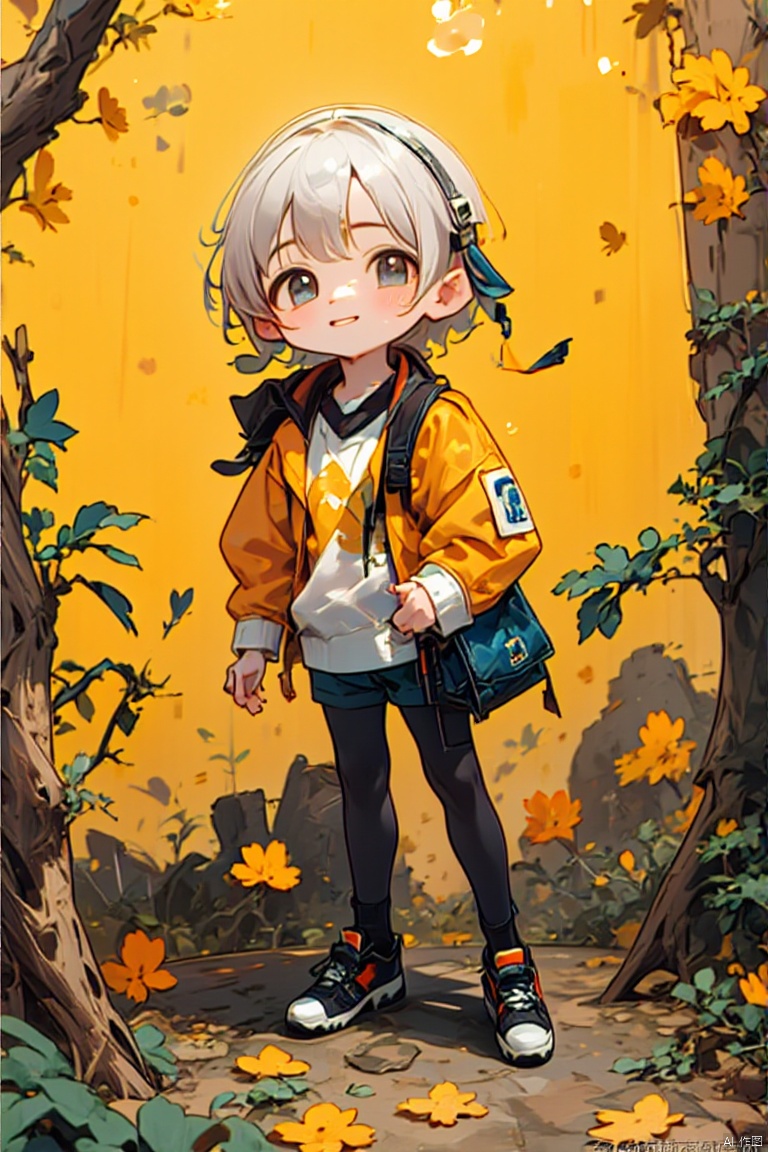 Felt effect, made of felt boy, solo, short hair, big eyes, white hair, boots, food, Mini, theme fantasy, atmosphere, mysterious yellow, HD, felt material, advanced filter