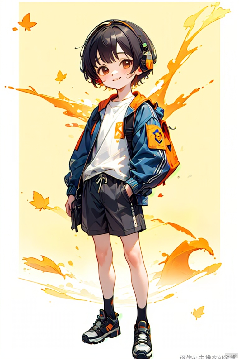 1boy, solo, looking at viewer, smile, short hair, bangs, shirt, black hair, long sleeves, brown eyes, standing, jacket, full body, white shirt, shoes, shorts, socks, bag, black footwear, leaf, watermark, black shorts, backpack, blue jacket, black socks, sneakers, hand in pocket, autumn leaves, ginkgo leaf