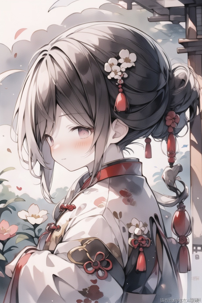 1girl, solo, long hair, looking at viewer, blush, bangs, black hair, hair ornament, long sleeves, holding, closed mouth, upper body, braid, flower, japanese clothes, hair flower, kimono, twitter username, looking to the side, floral print, white flower, red flower, tassel, white kimono, print kimono